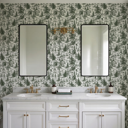 Green toile wallpaper with a landscape/forest motif, peel-and-stick.