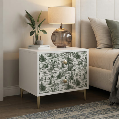 Peel-and-stick wallpaper in sage green with a novelty toile landscape pattern.