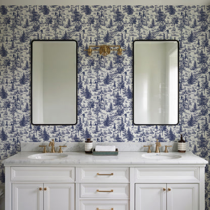 Veer Decor Bigfoot Novelty Toile Navy Blue Peel and Stick Wallpaper Landscape, Novelty, Patterns Transitional, Traditional, Novelty Blue  Wallpaper - 8335-AB3