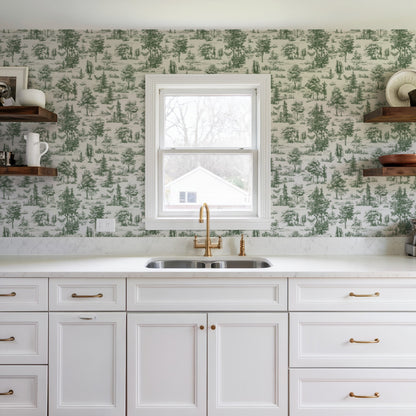 Veer Decor Mothman Novelty Toile Green Peel and Stick Wallpaper Landscape, Novelty, Patterns Transitional, Traditional, Novelty Sage  Wallpaper - 8335-AC2