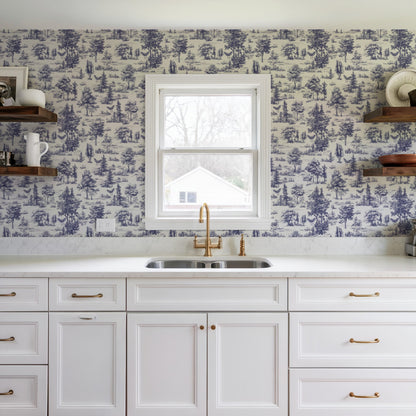 Veer Decor Mothman Novelty Toile Navy Blue Peel and Stick Wallpaper Landscape, Novelty, Patterns Transitional, Traditional, Novelty Blue  Wallpaper - 8335-AC3