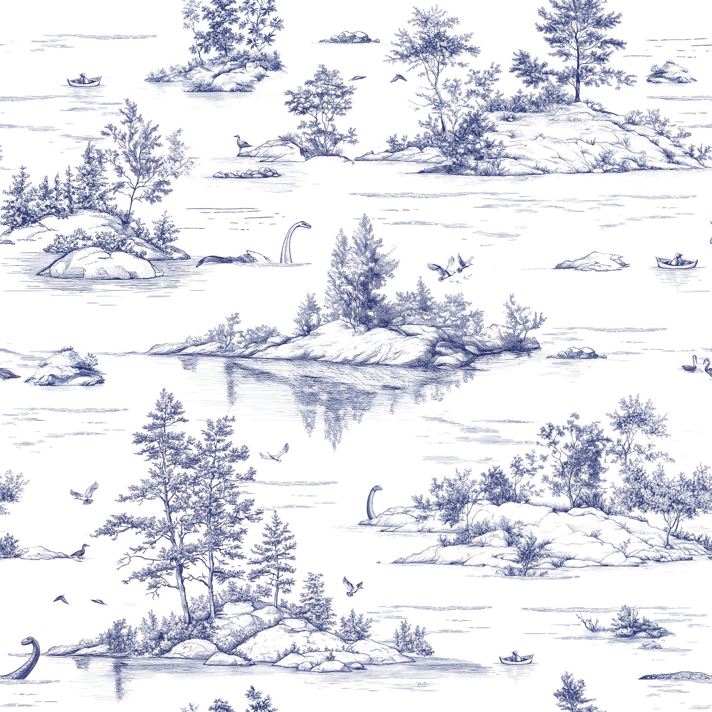Veer Decor Nessie Novelty Toile Blue Peel and Stick Wallpaper Landscape, Novelty, Patterns Transitional, Traditional, Novelty Blue  Wallpaper - 8335-AD1