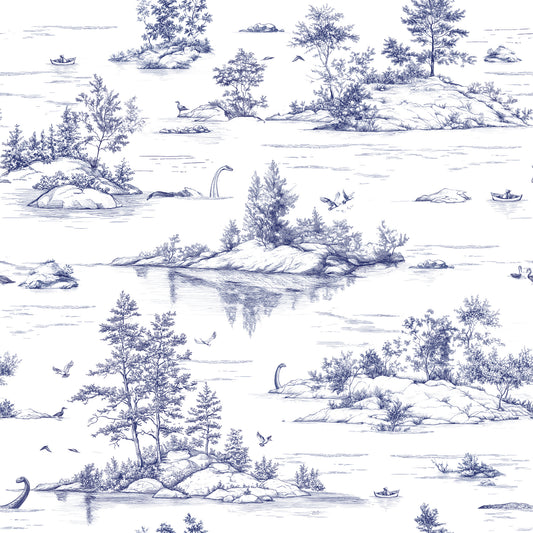 Veer Decor Nessie Novelty Toile Blue Peel and Stick Wallpaper Landscape, Novelty, Patterns Transitional, Traditional, Novelty Blue  Wallpaper - 8335-AD1