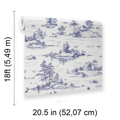Veer Decor Nessie Novelty Toile Blue Peel and Stick Wallpaper Landscape, Novelty, Patterns Transitional, Traditional, Novelty Blue  Wallpaper - 8335-AD1