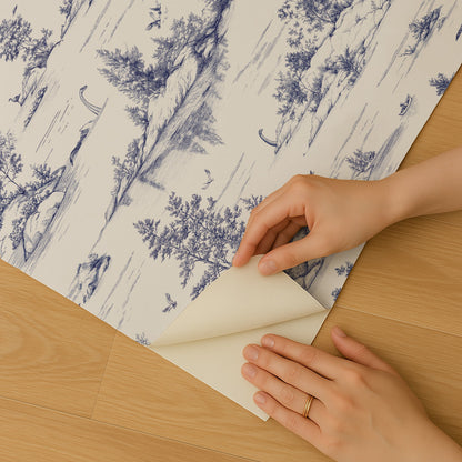 Veer Decor Nessie Novelty Toile Blue Peel and Stick Wallpaper Landscape, Novelty, Patterns Transitional, Traditional, Novelty Blue  Wallpaper - 8335-AD1