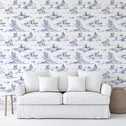 Veer Decor Nessie Novelty Toile Blue Peel and Stick Wallpaper Landscape, Novelty, Patterns Transitional, Traditional, Novelty Blue  Wallpaper - 8335-AD1