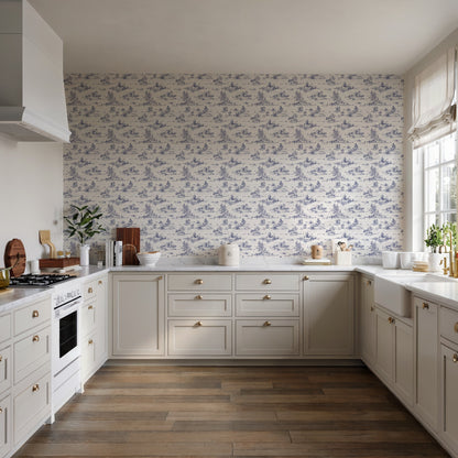 Veer Decor Nessie Novelty Toile Blue Peel and Stick Wallpaper Landscape, Novelty, Patterns Transitional, Traditional, Novelty Blue  Wallpaper - 8335-AD1