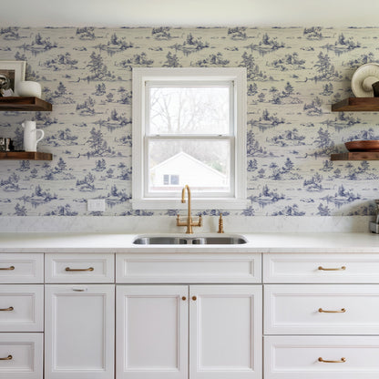 Veer Decor Nessie Novelty Toile Blue Peel and Stick Wallpaper Landscape, Novelty, Patterns Transitional, Traditional, Novelty Blue  Wallpaper - 8335-AD1