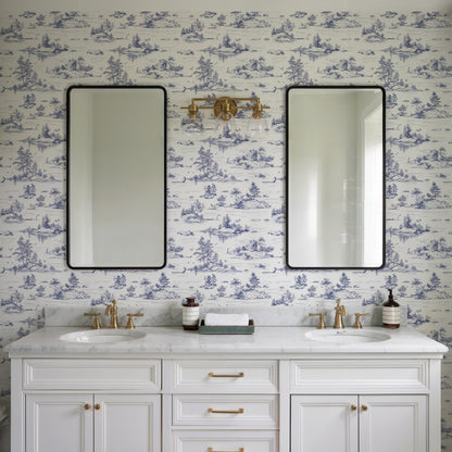 Veer Decor Nessie Novelty Toile Blue Peel and Stick Wallpaper Landscape, Novelty, Patterns Transitional, Traditional, Novelty Blue  Wallpaper - 8335-AD1