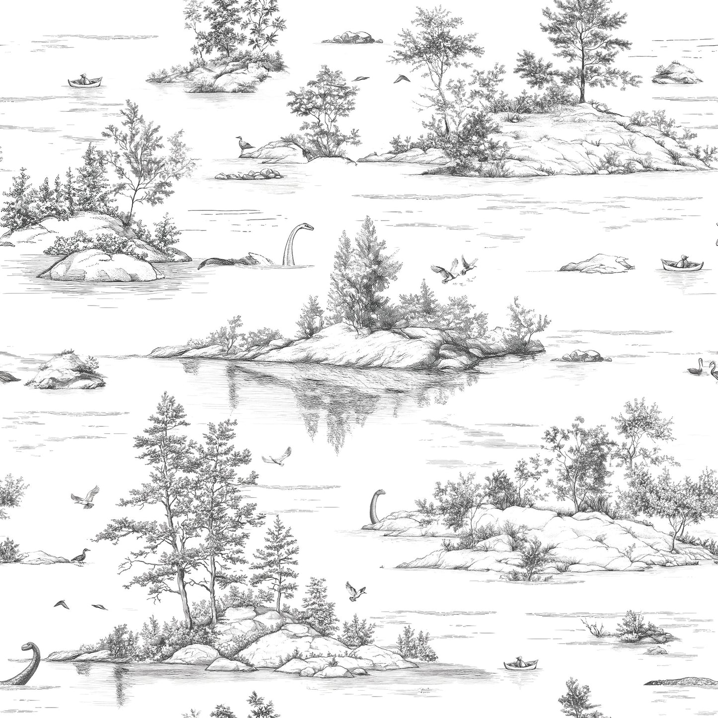 Monochrome line-drawn lakeside landscape pattern with islands, trees, boats; ideal for wallpaper or fabric.