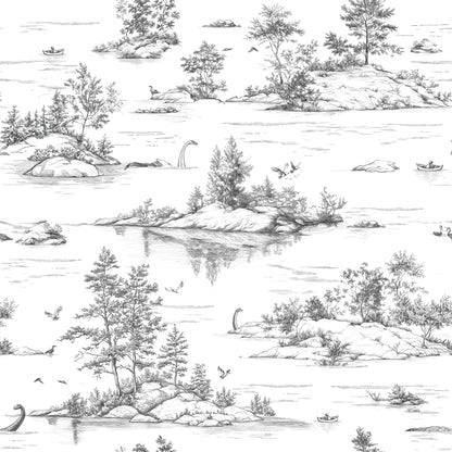 Monochrome line-drawn lakeside landscape pattern with islands, trees, boats; ideal for wallpaper or fabric.