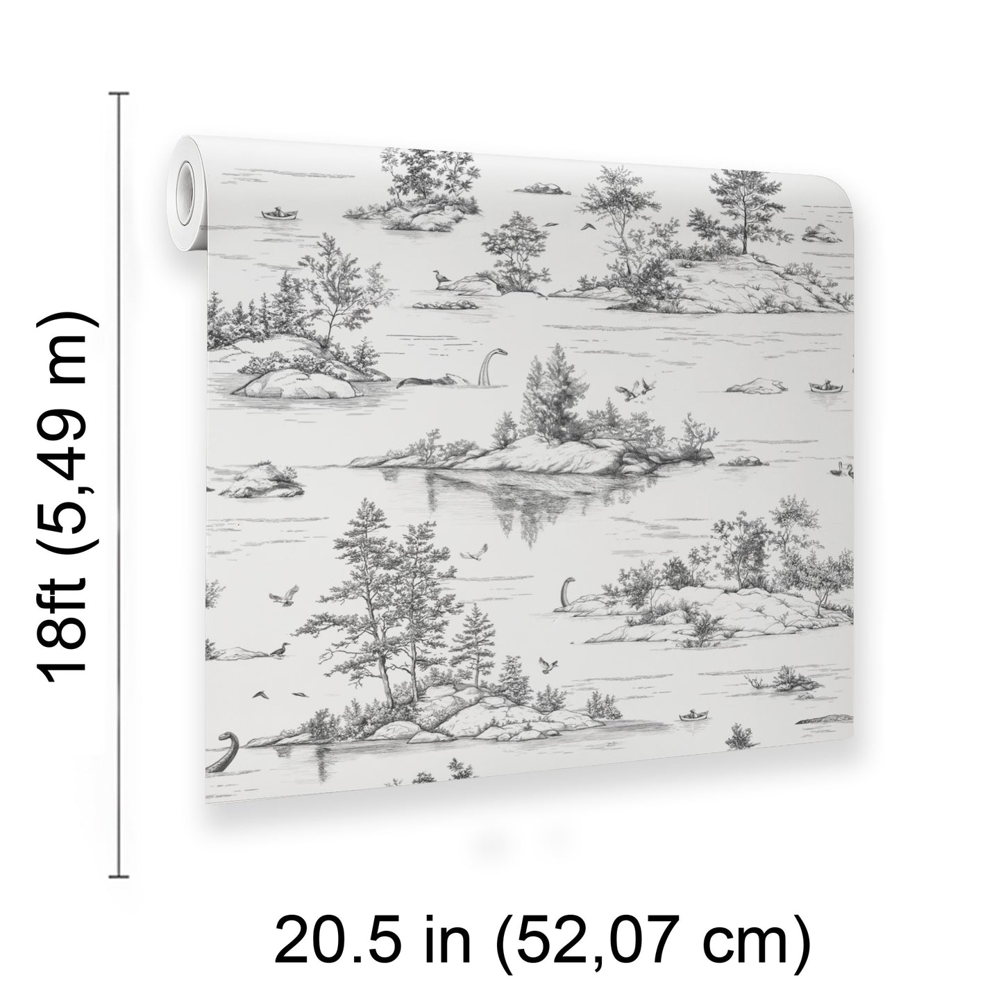 Rolled wallpaper (paper) in monochrome ink-style landscape with trees & water for walls.