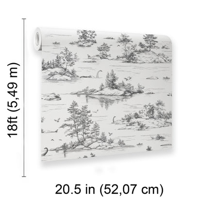 Rolled wallpaper (paper) in monochrome ink-style landscape with trees & water for walls.