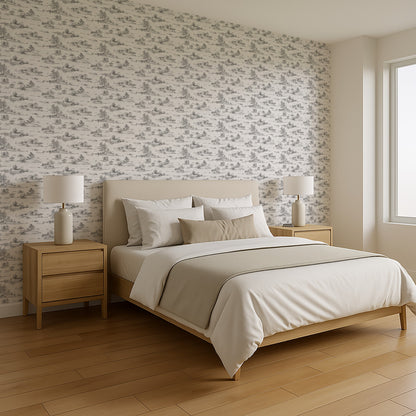 Neutral wooden platform bed with beige upholstered headboard, white bedding, two nightstands, lamps, and a patterned wallpaper accent wall.