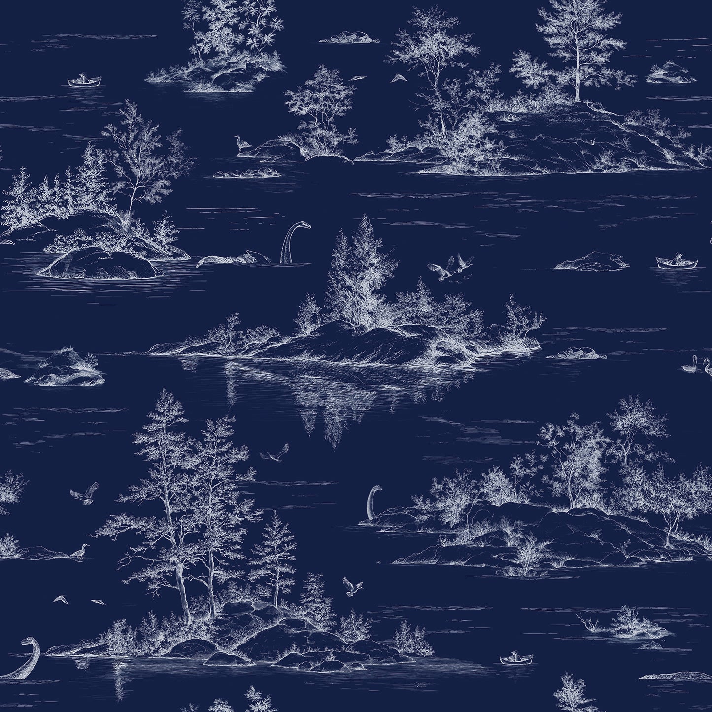 Veer Decor Nessie Novelty Toile Navy Ground Peel and Stick Wallpaper Landscape, Novelty, Patterns Transitional, Traditional, Novelty Navy  Wallpaper - 8335-AD3