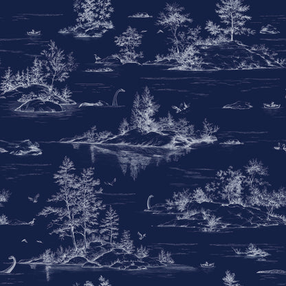 Veer Decor Nessie Novelty Toile Navy Ground Peel and Stick Wallpaper Landscape, Novelty, Patterns Transitional, Traditional, Novelty Navy  Wallpaper - 8335-AD3