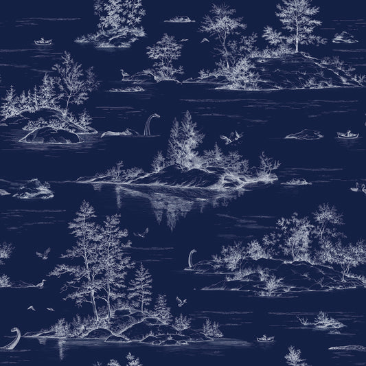 Veer Decor Nessie Novelty Toile Navy Ground Peel and Stick Wallpaper Landscape, Novelty, Patterns Transitional, Traditional, Novelty Navy  Wallpaper - 8335-AD3