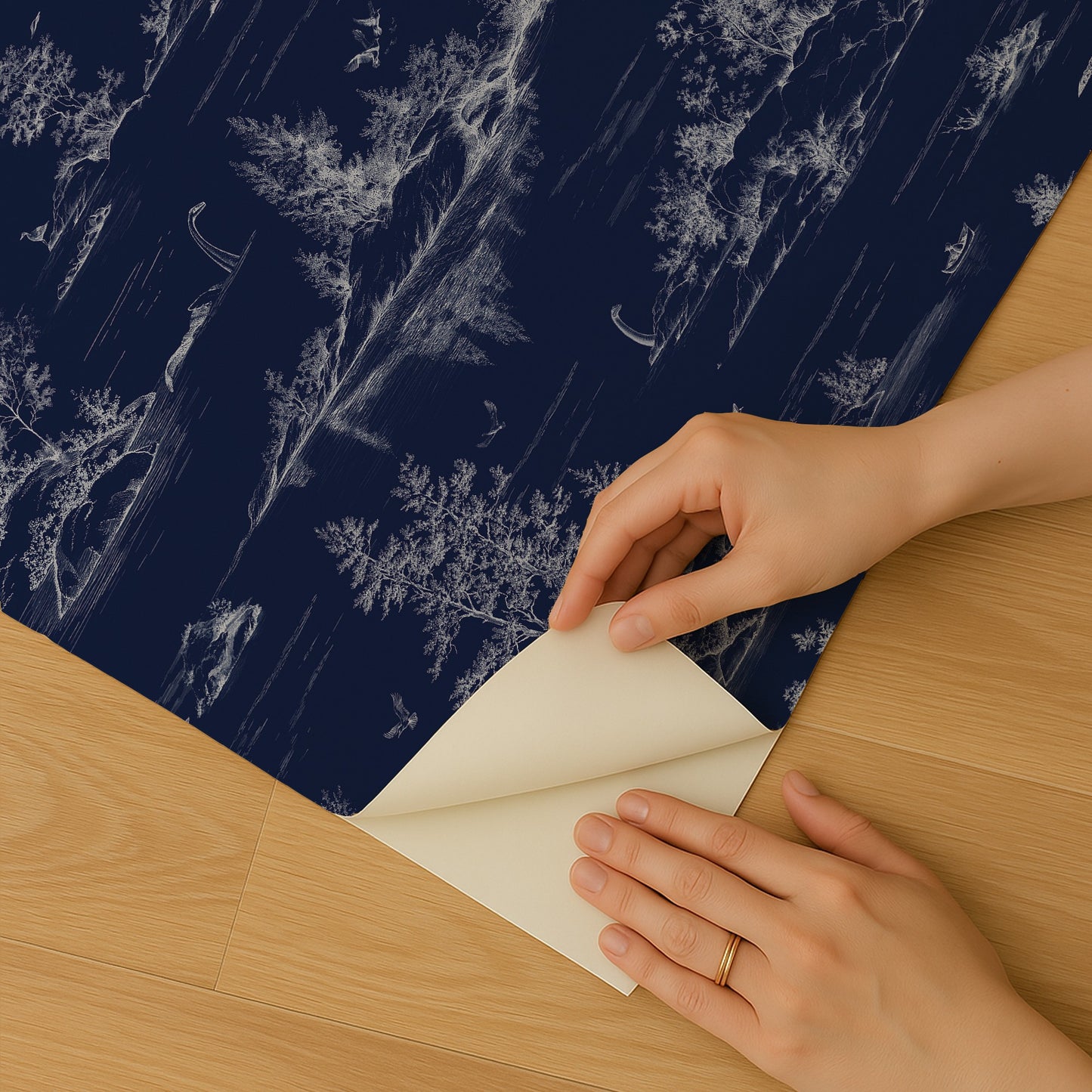 Veer Decor Nessie Novelty Toile Navy Ground Peel and Stick Wallpaper Landscape, Novelty, Patterns Transitional, Traditional, Novelty Navy  Wallpaper - 8335-AD3