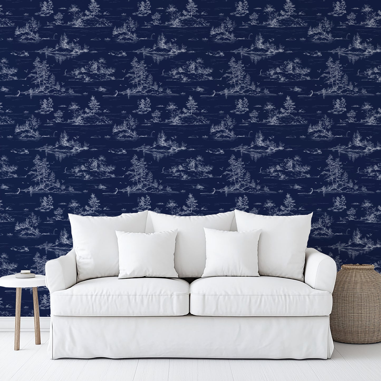 Veer Decor Nessie Novelty Toile Navy Ground Peel and Stick Wallpaper Landscape, Novelty, Patterns Transitional, Traditional, Novelty Navy  Wallpaper - 8335-AD3