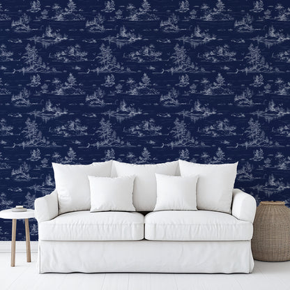 Veer Decor Nessie Novelty Toile Navy Ground Peel and Stick Wallpaper Landscape, Novelty, Patterns Transitional, Traditional, Novelty Navy  Wallpaper - 8335-AD3