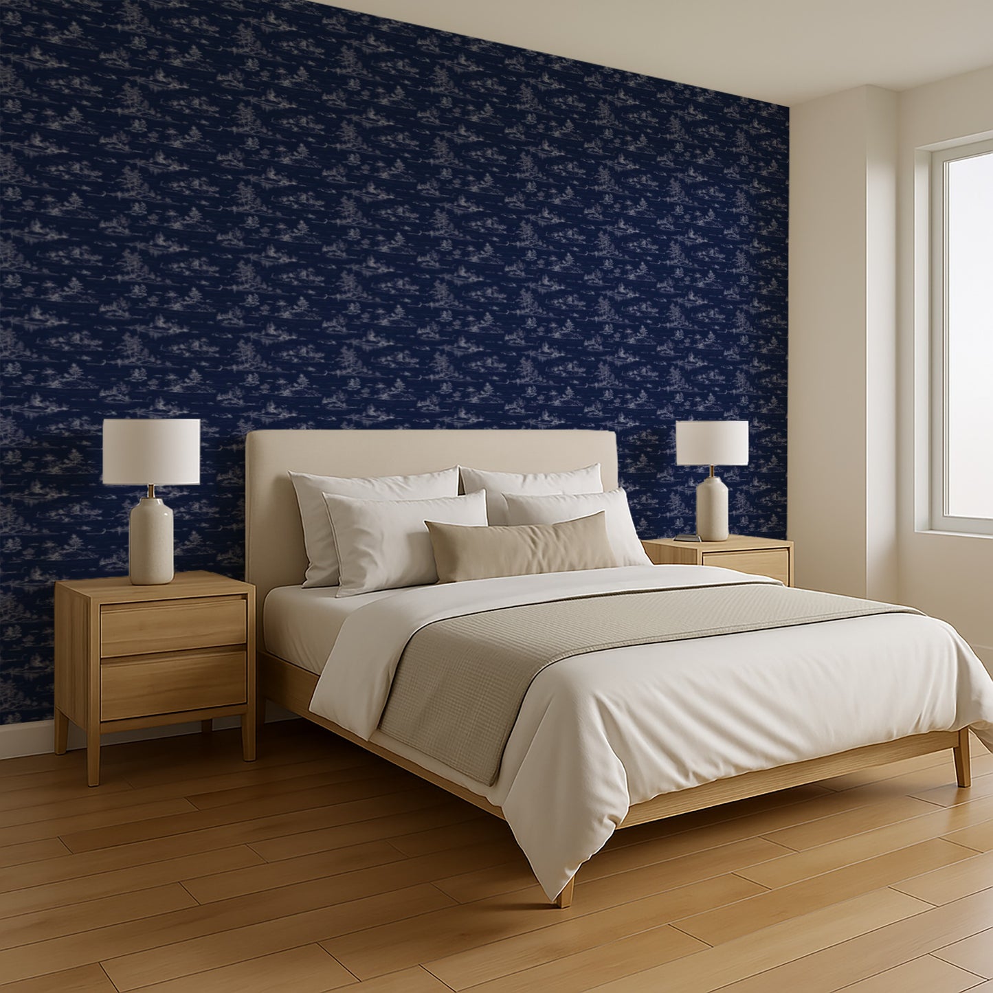 Veer Decor Nessie Novelty Toile Navy Ground Peel and Stick Wallpaper Landscape, Novelty, Patterns Transitional, Traditional, Novelty Navy  Wallpaper - 8335-AD3