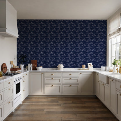 Veer Decor Nessie Novelty Toile Navy Ground Peel and Stick Wallpaper Landscape, Novelty, Patterns Transitional, Traditional, Novelty Navy  Wallpaper - 8335-AD3
