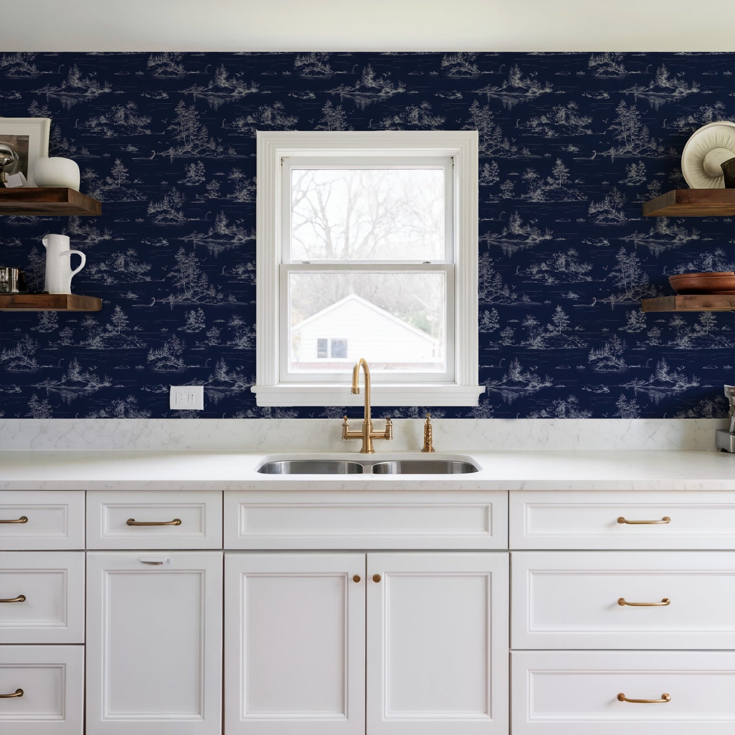 Veer Decor Nessie Novelty Toile Navy Ground Peel and Stick Wallpaper Landscape, Novelty, Patterns Transitional, Traditional, Novelty Navy  Wallpaper - 8335-AD3