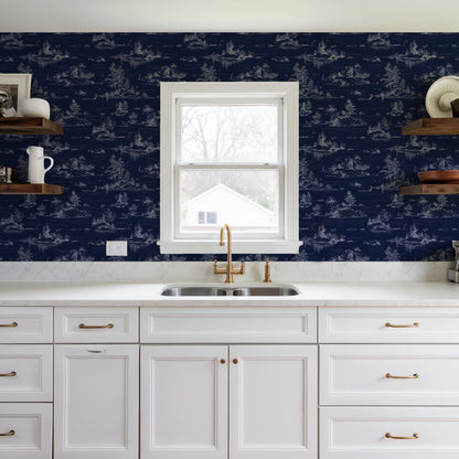 Veer Decor Nessie Novelty Toile Navy Ground Peel and Stick Wallpaper Landscape, Novelty, Patterns Transitional, Traditional, Novelty Navy  Wallpaper - 8335-AD3