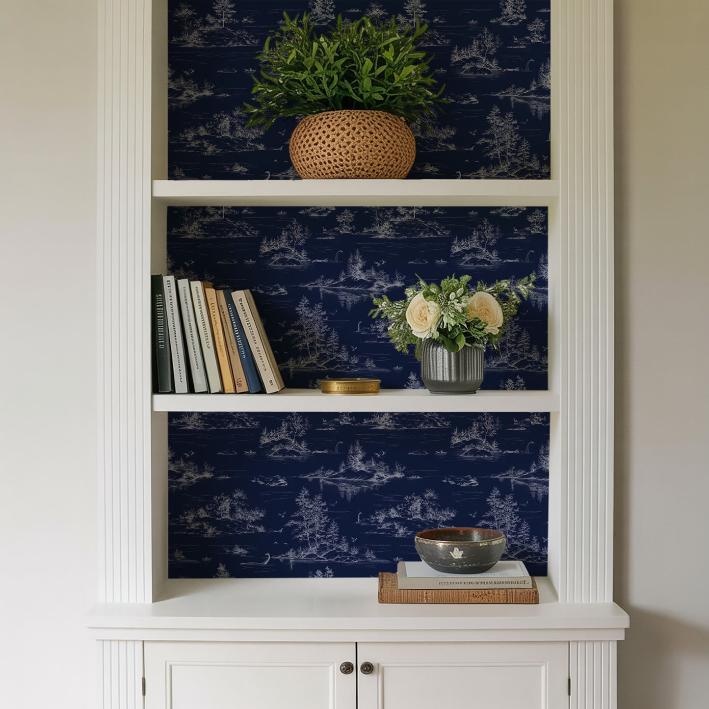 Veer Decor Nessie Novelty Toile Navy Ground Peel and Stick Wallpaper Landscape, Novelty, Patterns Transitional, Traditional, Novelty Navy  Wallpaper - 8335-AD3