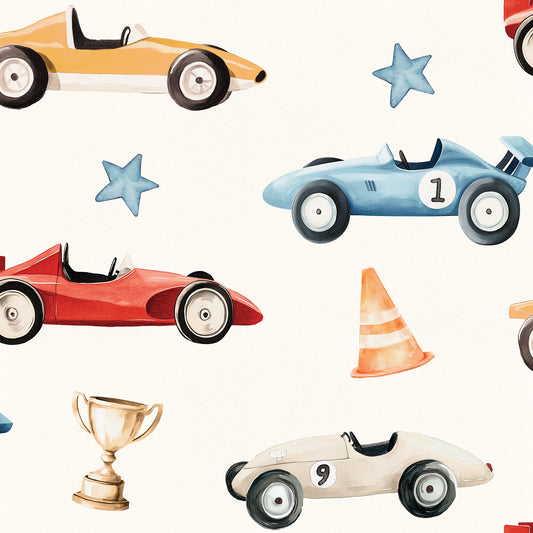 Veer Decor Vintage Race Cars Cream Ground Peel and Stick Wallpaper Children, Hobby Kids, Novelty Cream  Wallpaper - 8335-AE1