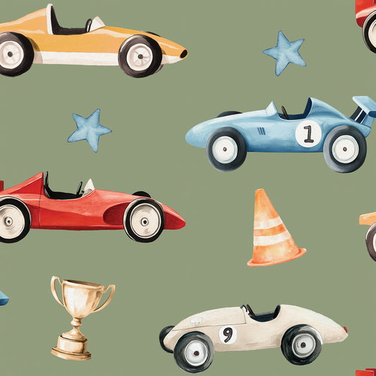 Veer Decor Vintage Race Cars Green Ground Peel and Stick Wallpaper Children, Hobby Kids, Novelty Green  Wallpaper - 8335-AE2