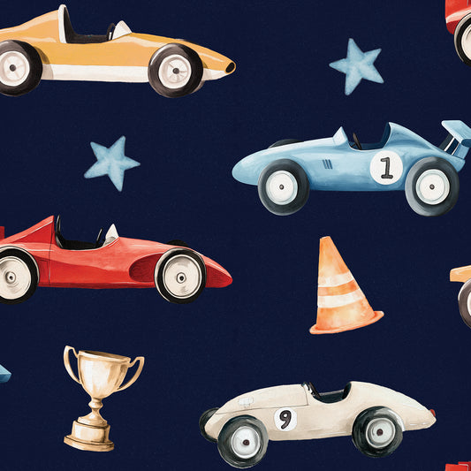 Veer Decor Vintage Race Cars Navy Ground Peel and Stick Wallpaper Children, Hobby Kids, Novelty Navy  Wallpaper - 8335-AE3