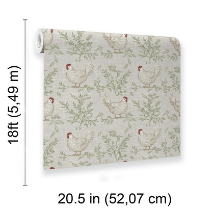 Veer Decor Cluckingham Toile Peel and Stick Wallpaper Animals, Patterns Transitional, Traditional, Novelty Green  Wallpaper - 8335-AF