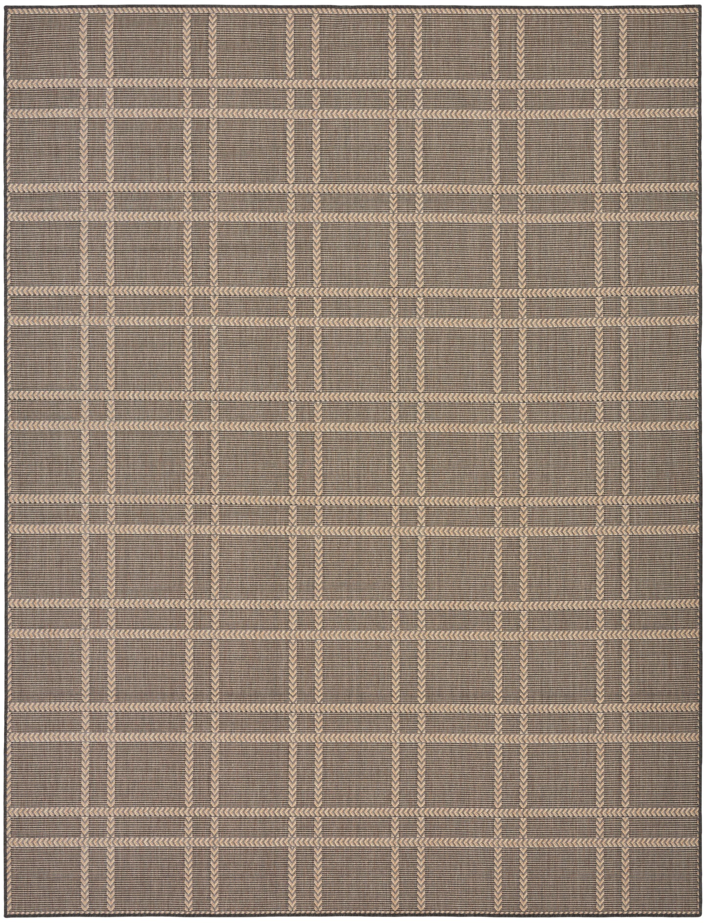 Rectangular beige-brown flatwoven rug with tan plaid grid pattern; woven texture and neutral geometric style.