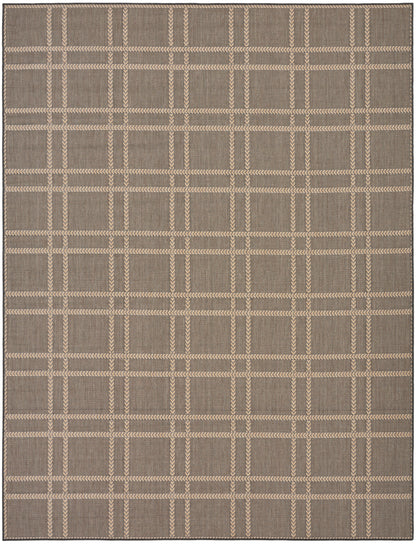 Rectangular beige-brown flatwoven rug with tan plaid grid pattern; woven texture and neutral geometric style.