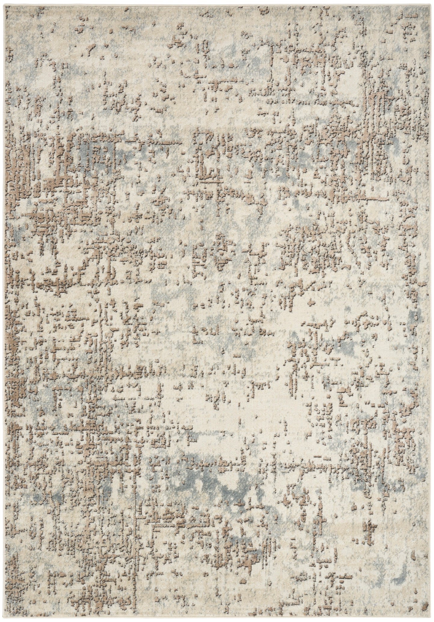 Rectangular abstract distressed area rug in neutral beige, taupe and gray tones.