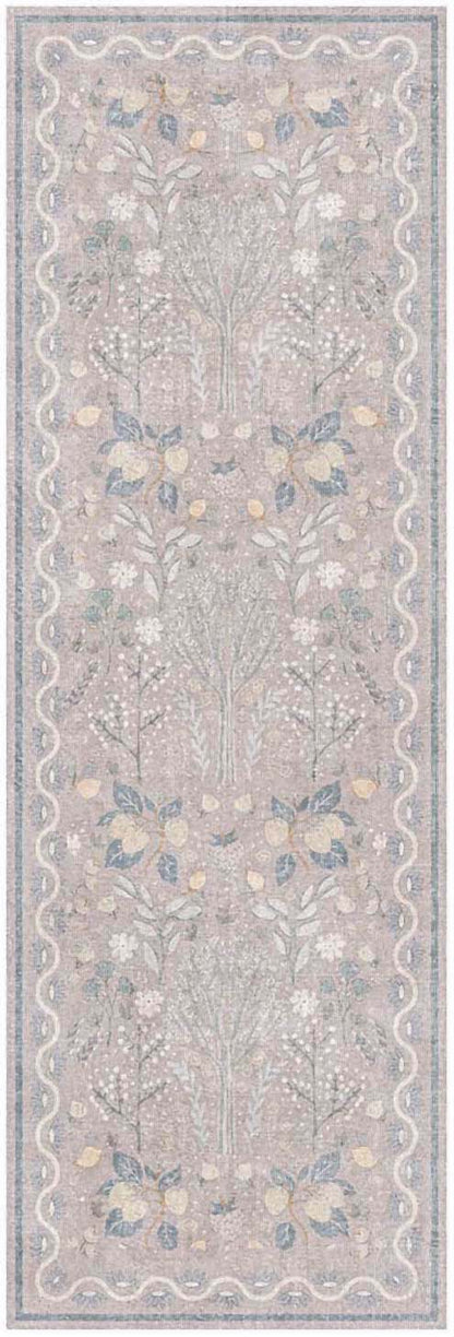 Long pastel floral runner rug in lavender, cream and pale blue with ornate vines and a scalloped border.