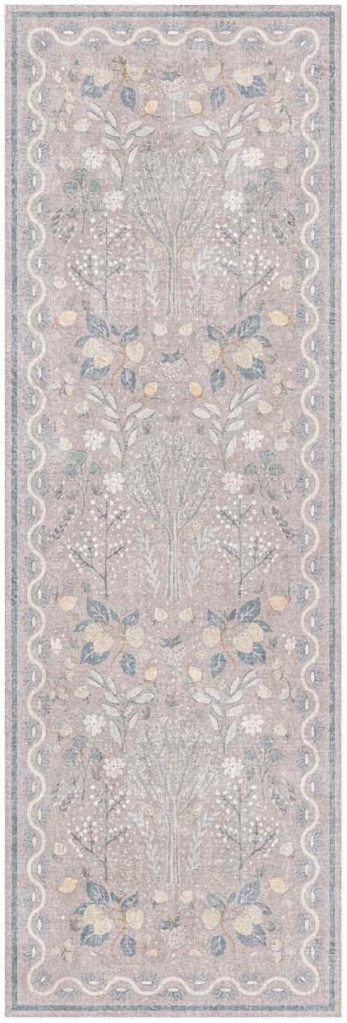 Long pastel floral runner rug in lavender, cream and pale blue with ornate vines and a scalloped border.
