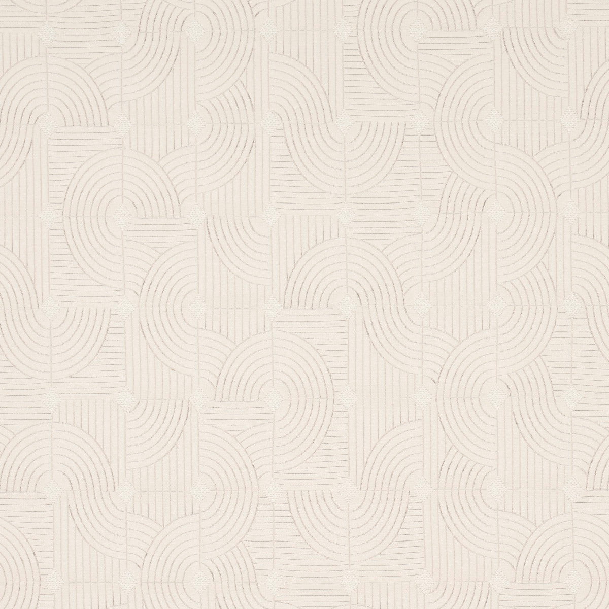 Cream wallpaper with geometric tiled pattern of concentric arcs and squares; subtle beige lines, modern retro wall covering.
