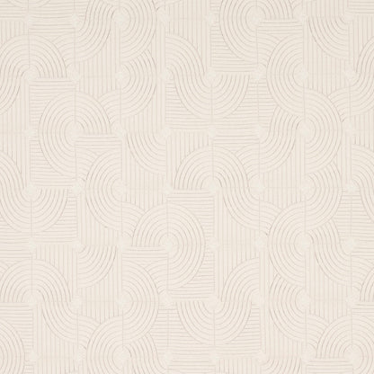 Cream wallpaper with geometric tiled pattern of concentric arcs and squares; subtle beige lines, modern retro wall covering.