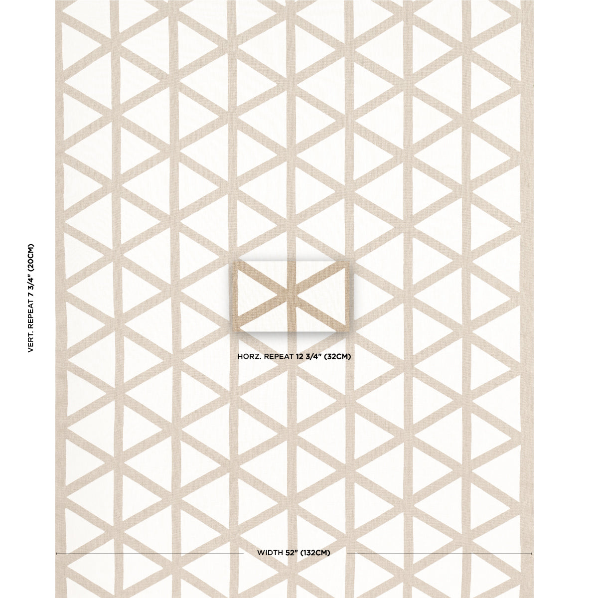 Beige and cream geometric triangle-lattice fabric with woven texture, featuring applique and tie backs for curtains/drapery (flax color).