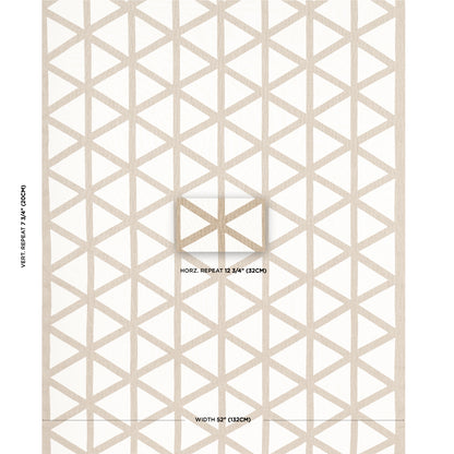 Beige and cream geometric triangle-lattice fabric with woven texture, featuring applique and tie backs for curtains/drapery (flax color).