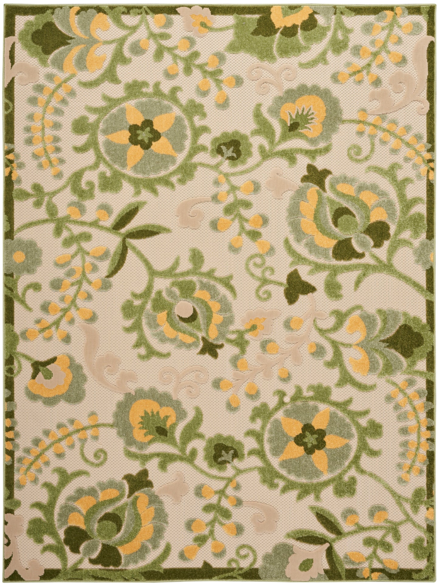 Rectangular rug with cream background and green-yellow floral trellis pattern, ornate vines and circular blossoms.