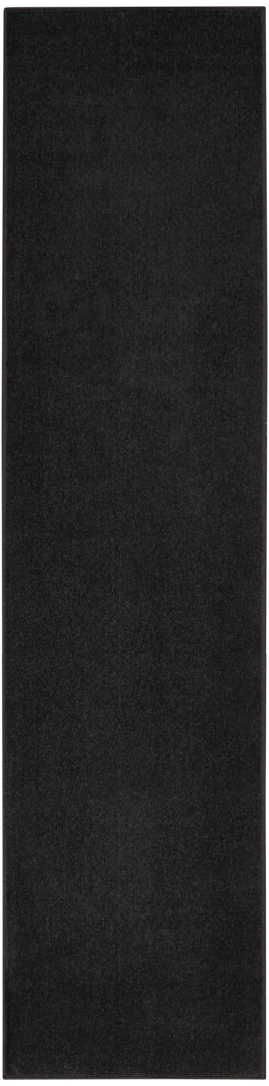 Long black rectangular outdoor runner rug with a plush, textured surface.