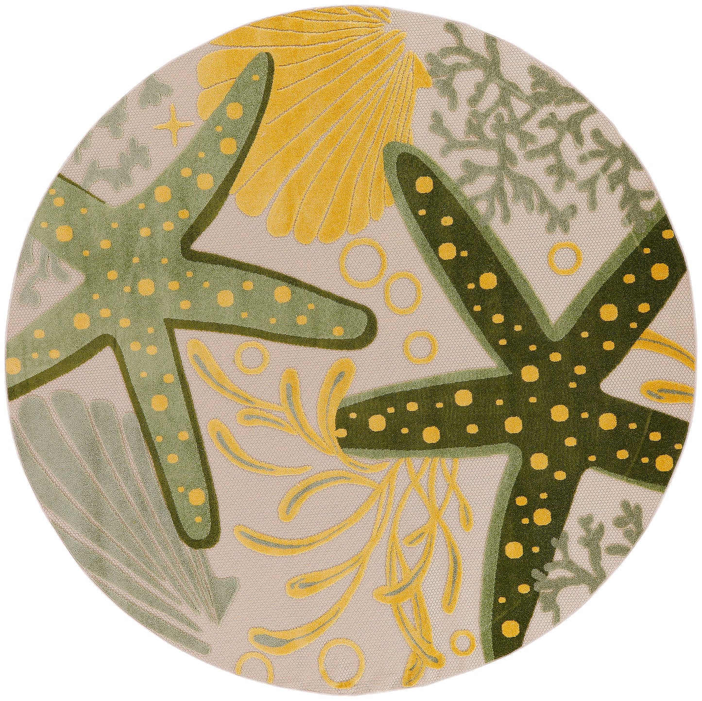 Round outdoor rug with marine motif featuring green & dark-green starfish, yellow coral & shells on beige background.