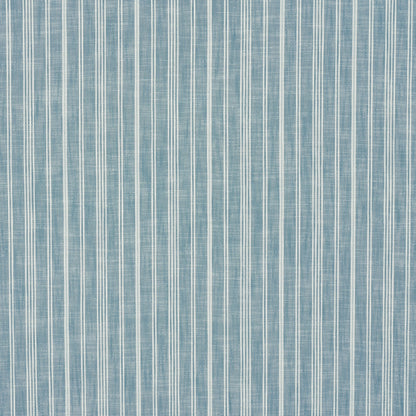 Indigo striped woven fabric with narrow white vertical stripes and a denim-like texture.
