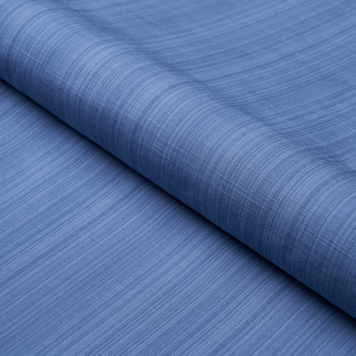 Blue cobalt woven fabric with fine white stripes, rolled edge.