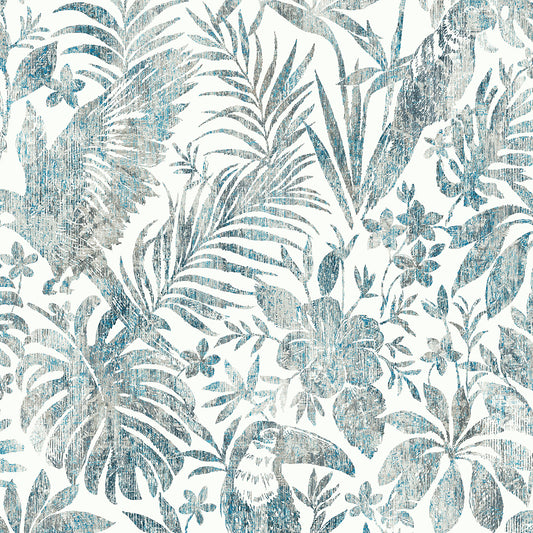 VEER DECOR Birdsong Tropic Blue Peel & Stick Wallpaper Tropical Transitional Blue  Wallpaper - 8375-AB1