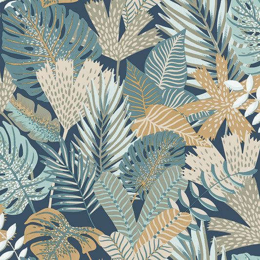 VEER DECOR Jungle Canopy Navy Peel & Stick Wallpaper Tropical Transitional Navy  Wallpaper - 8375-AC1