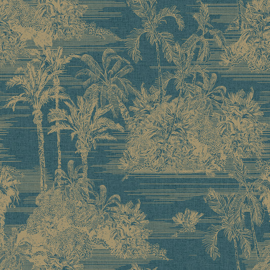 VEER DECOR Tropic Archive Toile Teal Peel & Stick Wallpaper Tropical Transitional Teal  Wallpaper - 8375-AF1